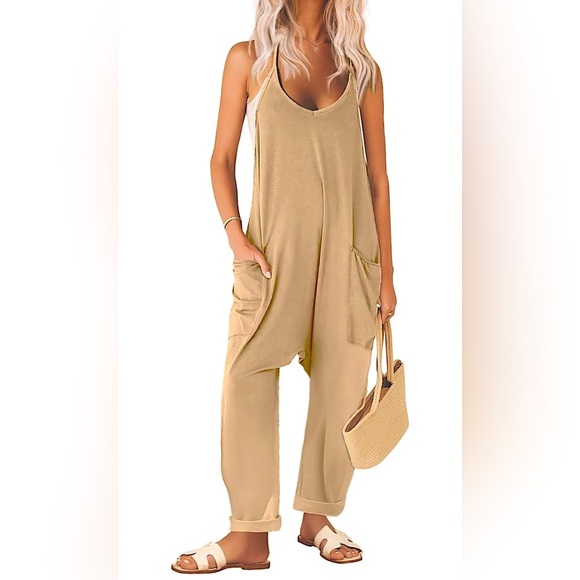 Sleeveless Tan Jumpsuit Loose Spaghetti Strap Casual Long Pants with Pockets - Picture 1 of 11